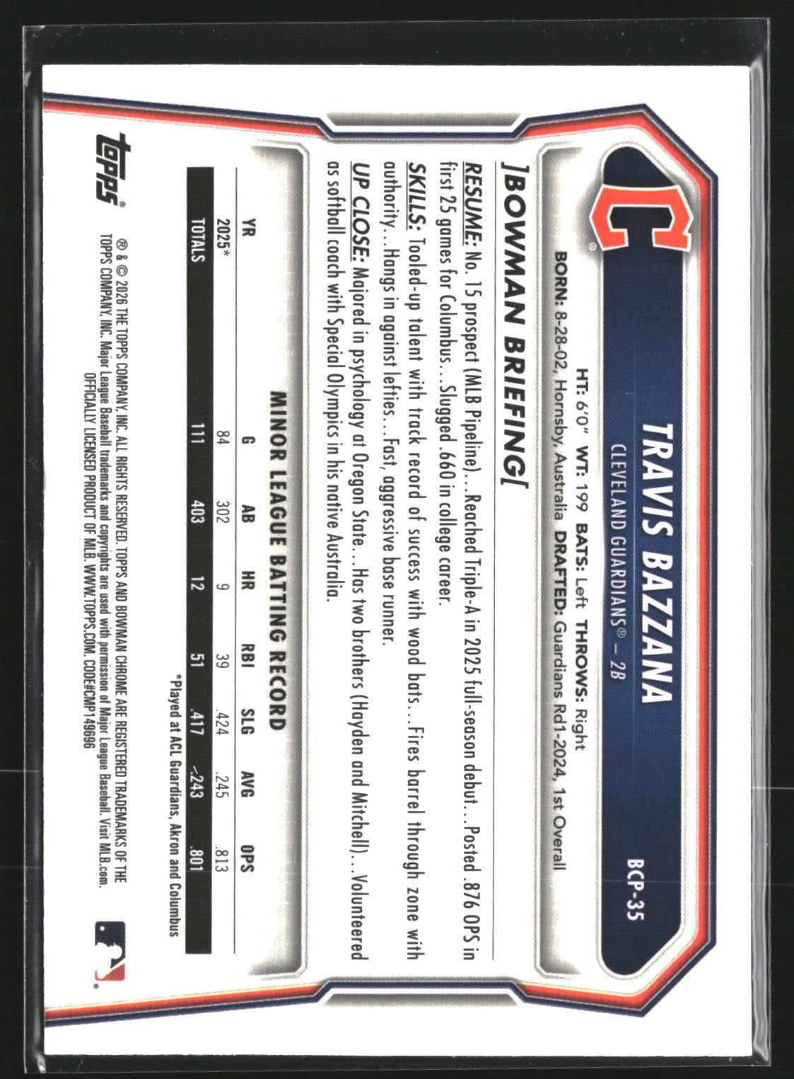 Travis Bazzana 2026 Bowman BCP-35 Chrome Prospects Mojo Refractor Guardians