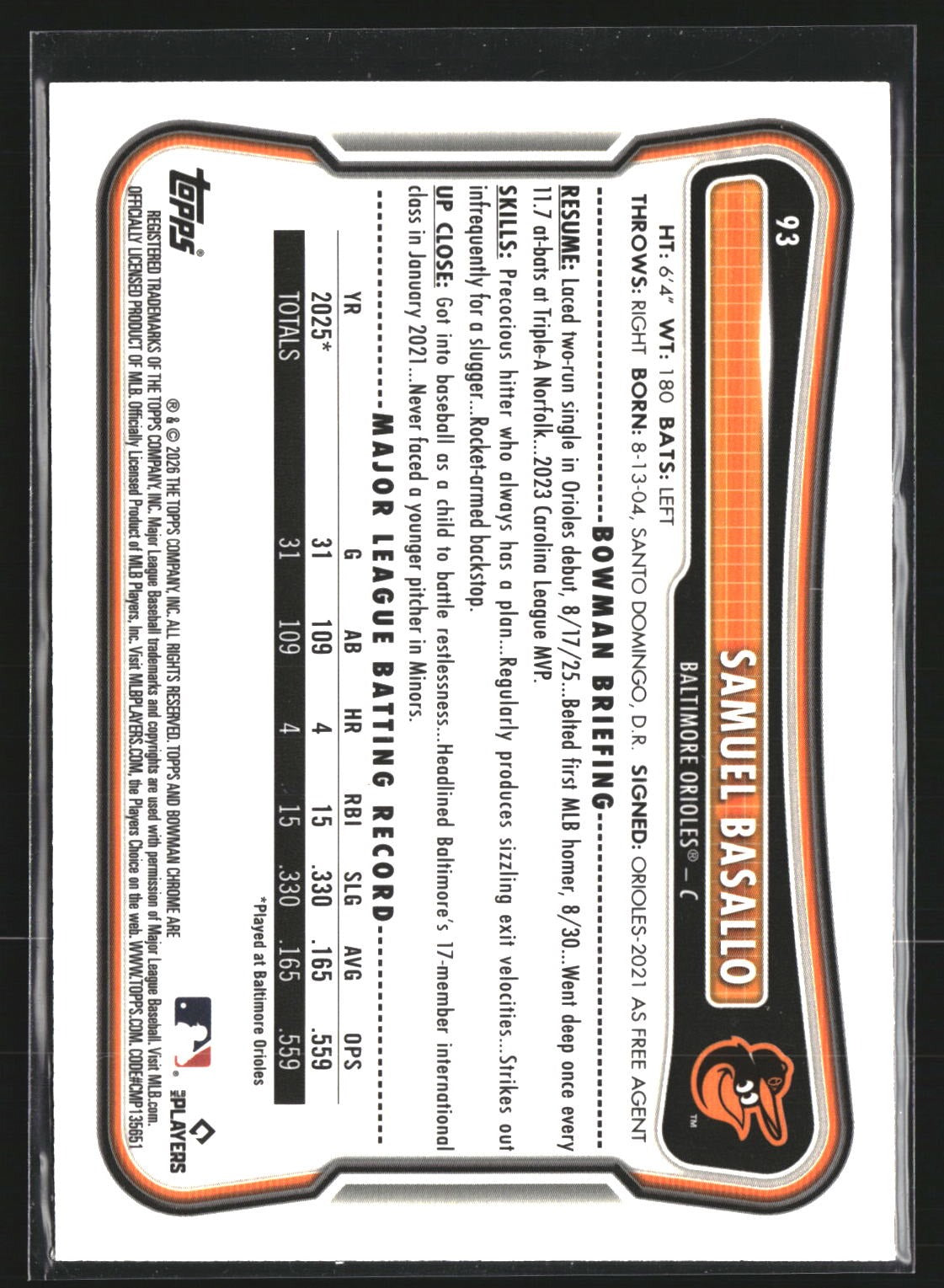 Samuel Basallo 2026 Bowman 93 Chrome Mojo Refractor RC RC Baltimore Orioles