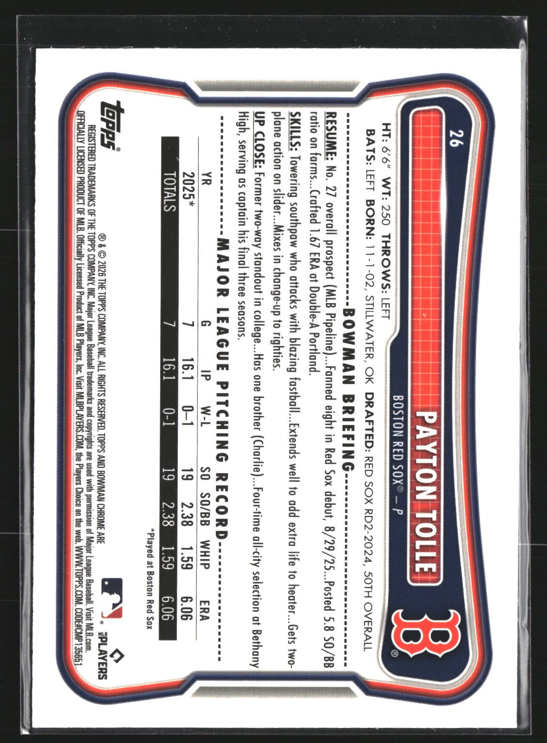 Payton Tolle 2026 Bowman 26 Chrome Mojo Refractor RC RC Boston Red Sox