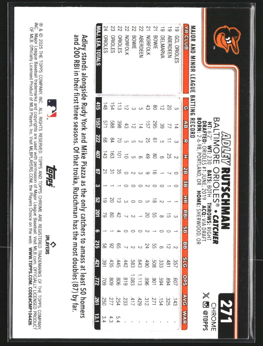 Adley Rutschman 2025 Topps Chrome 271 Sepia Refractor Baltimore Orioles