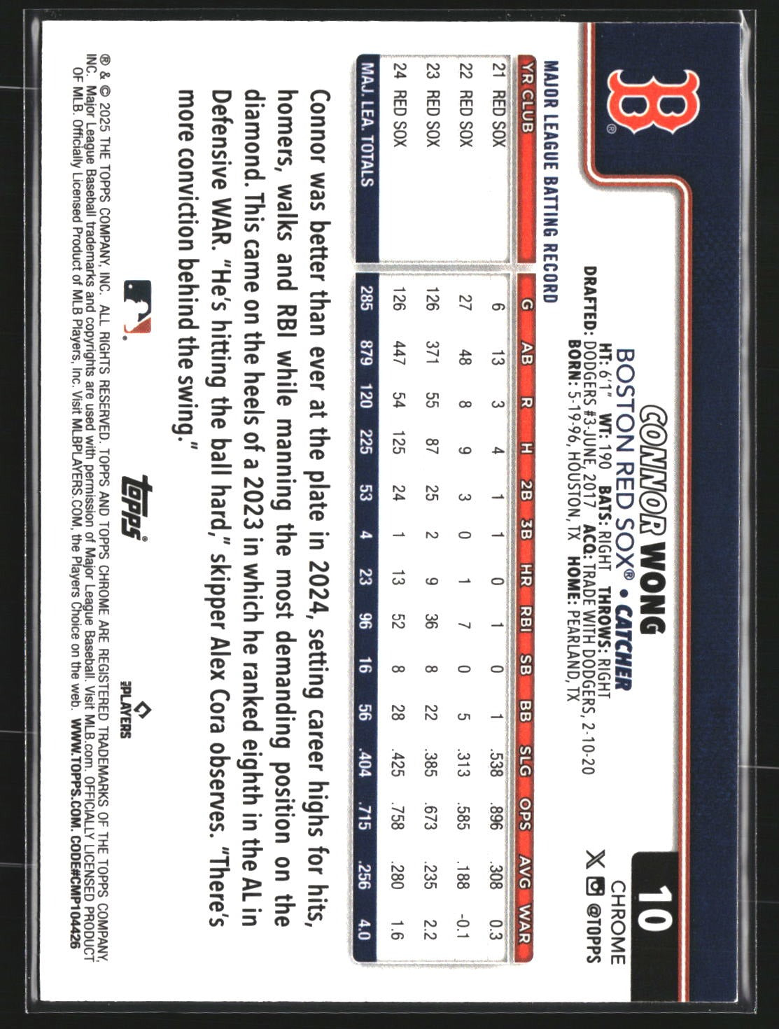 Connor Wong 2025 Topps Chrome 10 Sepia Refractor Boston Red Sox