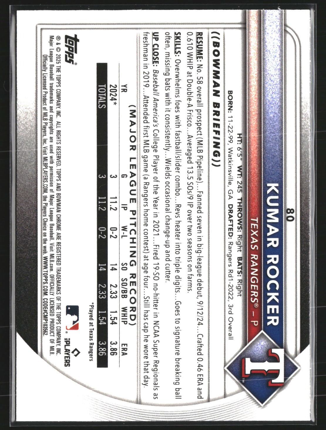 Kumar Rocker 2025 Bowman 80 Chrome Mojo Refractor RC RC Texas Rangers