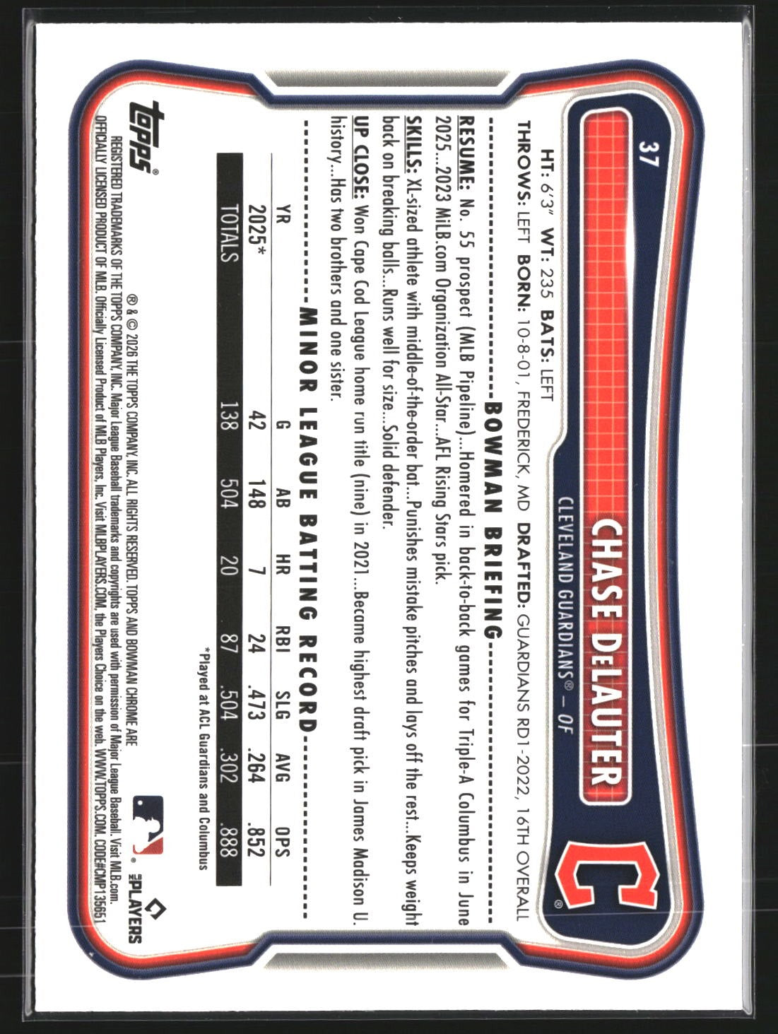 Chase DeLauter 2026 Bowman 37 Chrome Mojo Refractor RC RC Cleveland Guardians