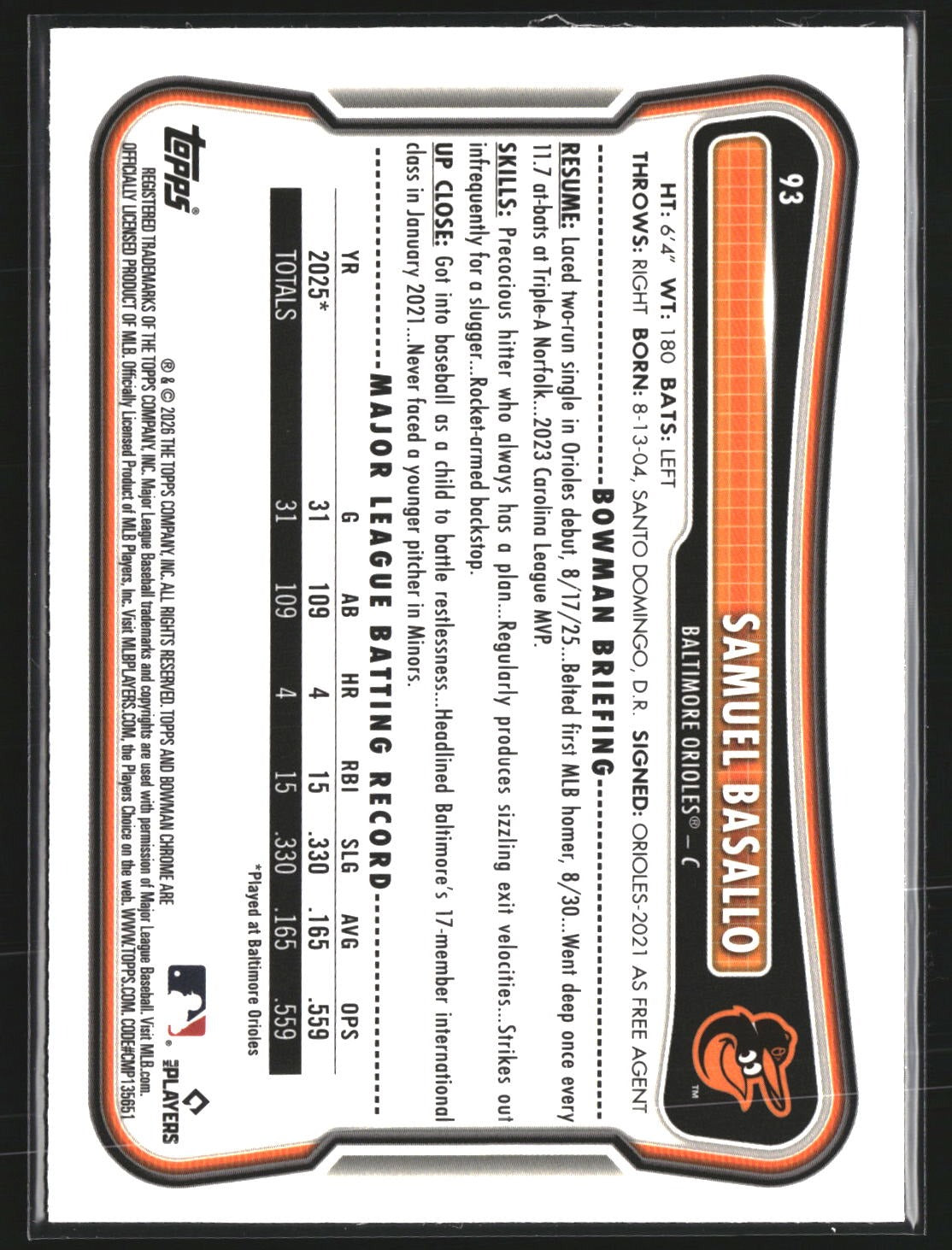 Samuel Basallo 2026 Bowman 93 Chrome Mojo Refractor RC RC Baltimore Orioles