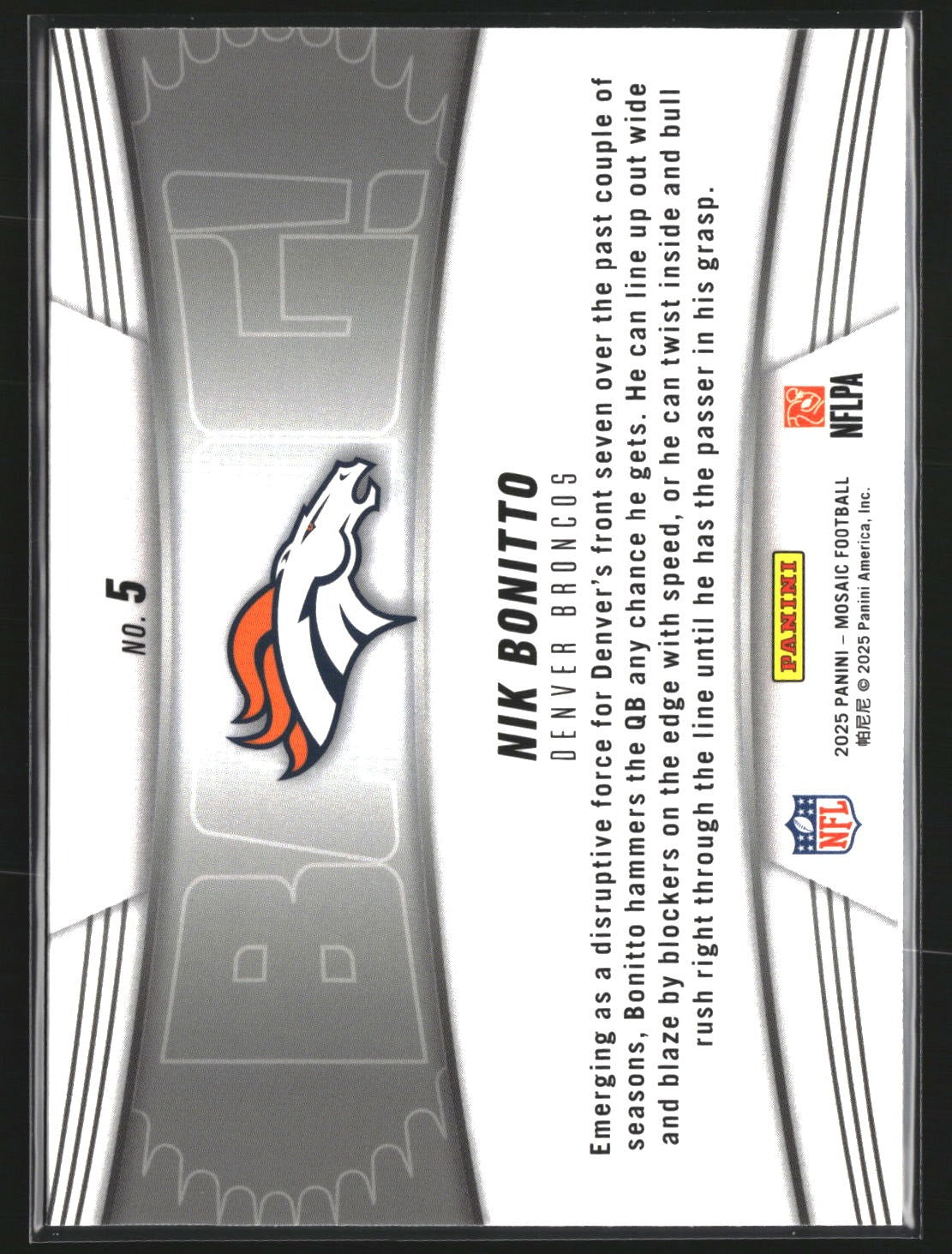 Nik Bonitto 2025 Panini Mosaic 5 Bang! Mosaic Denver Broncos