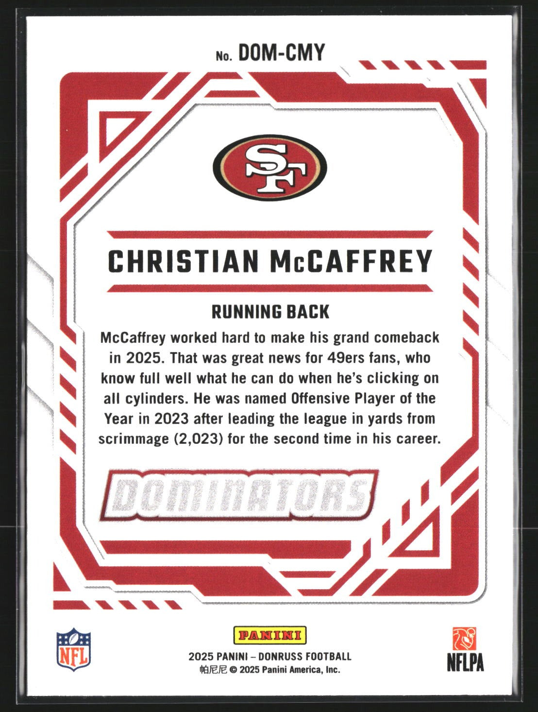 Christian McCaffrey 2025 Donruss DOM-CMY Dominators San Francisco 49ers