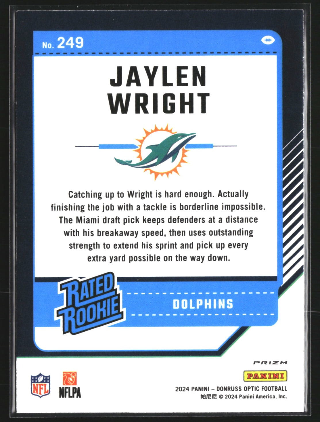 Jaylen Wright 2024 Donruss Optic 249 Holo Miami Dolphins