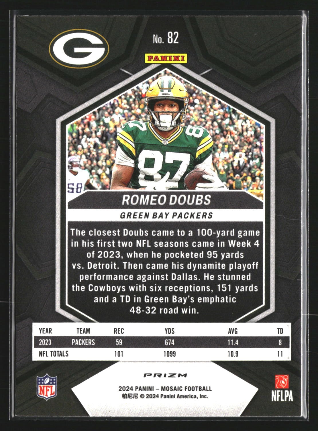 Romeo Doubs 2024 Panini Mosaic 82 Mosaic Reactive Blue Green Bay Packers
