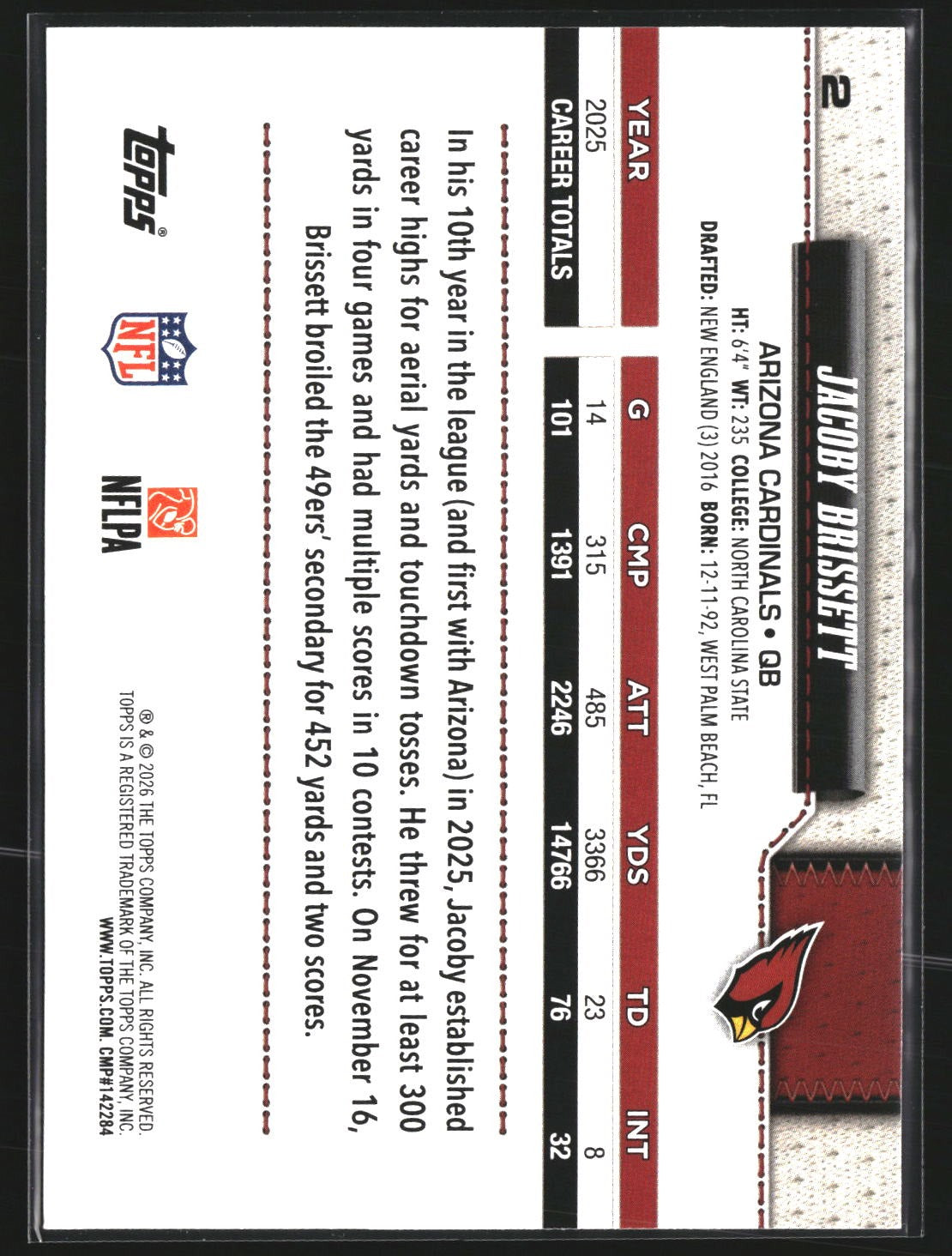 Jacoby Brissett 2026 Topps Flagship 2 Rainbow Foil Arizona Cardinals