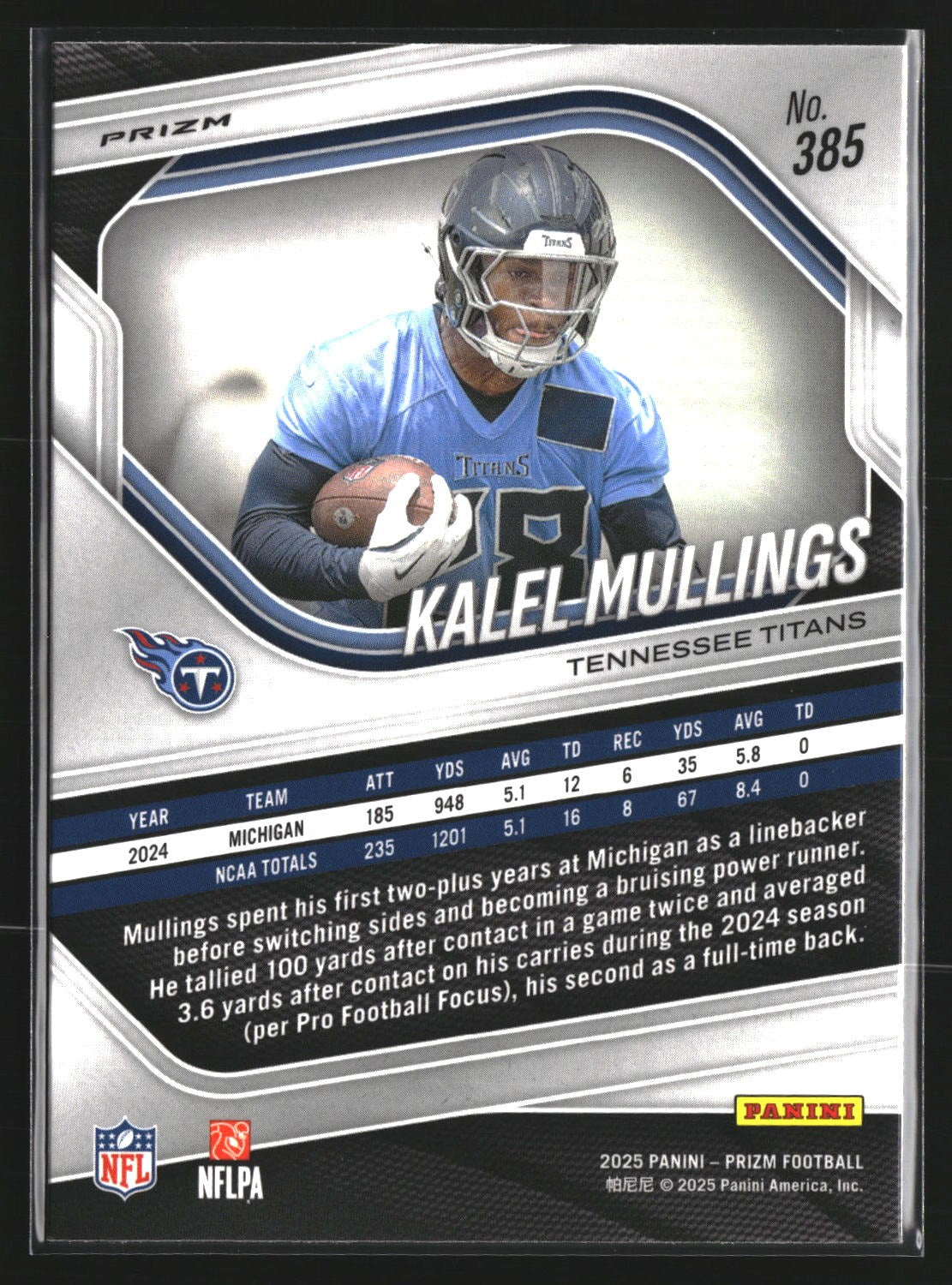 Kalel Mullings 2025 Panini Prizm 385 White Disco Tennessee Titans