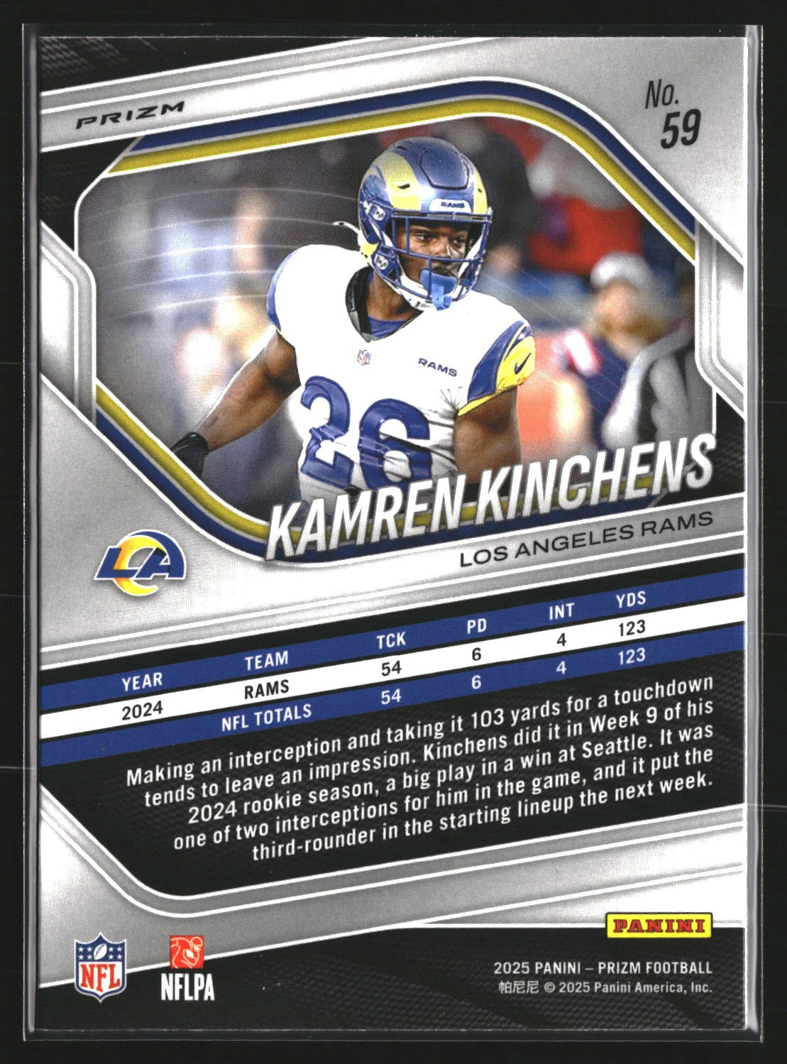 Kamren Kinchens 2025 Panini Prizm 59 White Disco Los Angeles Rams