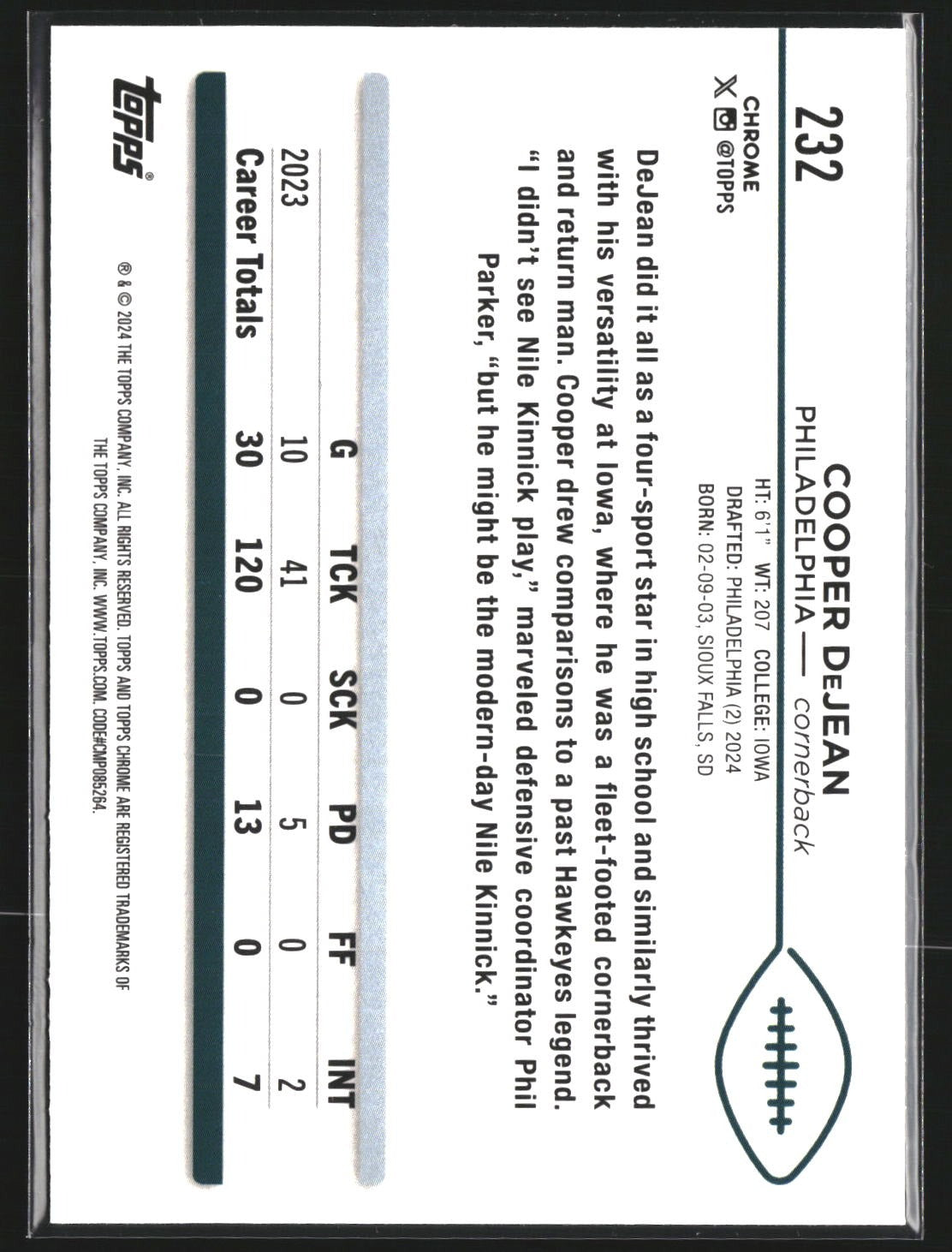 Cooper DeJean 2024 Topps Chrome 232 Prism Refractor RC RC Philadelphia Eagles