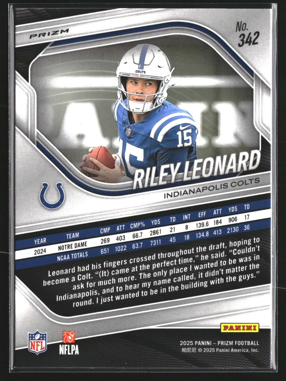 Riley Leonard 2025 Panini Prizm 342 White Disco Indianapolis Colts