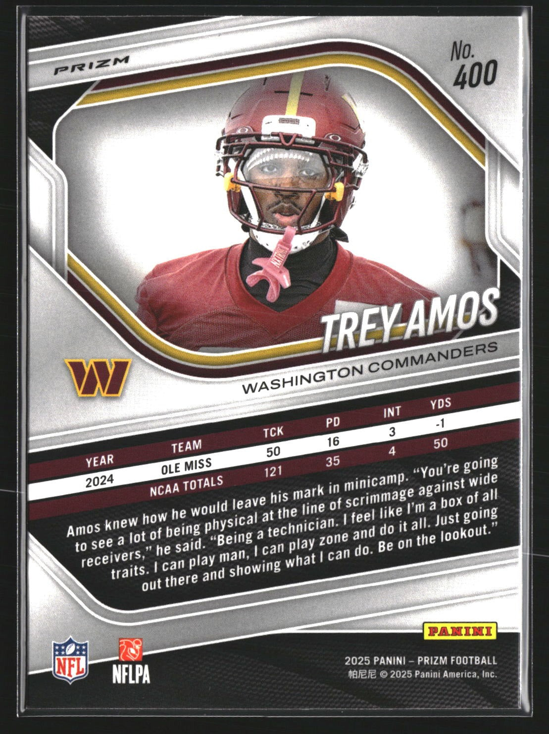 Trey Amos 2025 Panini Prizm 400 White Disco Washington Commanders