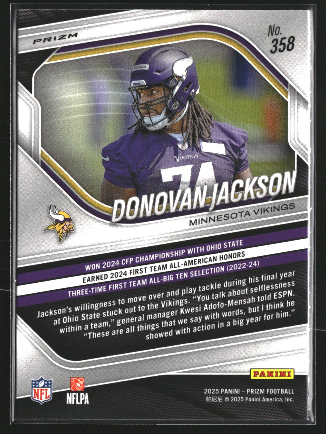 Donovan Jackson 2025 Panini Prizm 358 White Disco Minnesota Vikings