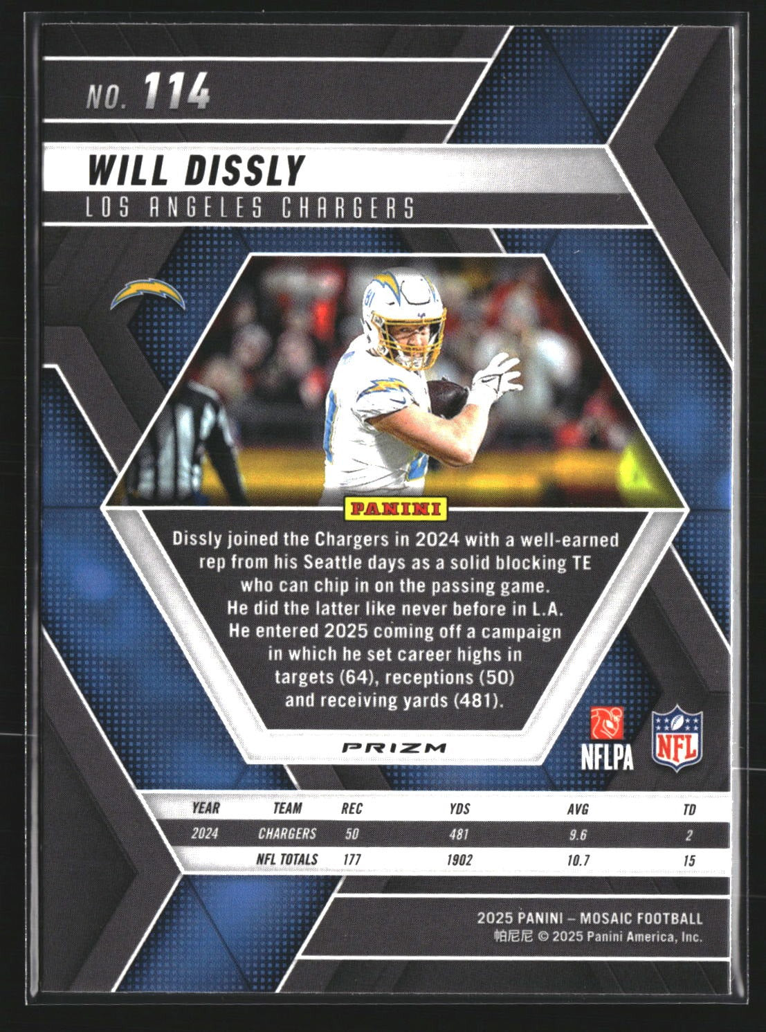 Will Dissly 2025 Panini Mosaic 114 Mosaic Reactive Blue Los Angeles Chargers