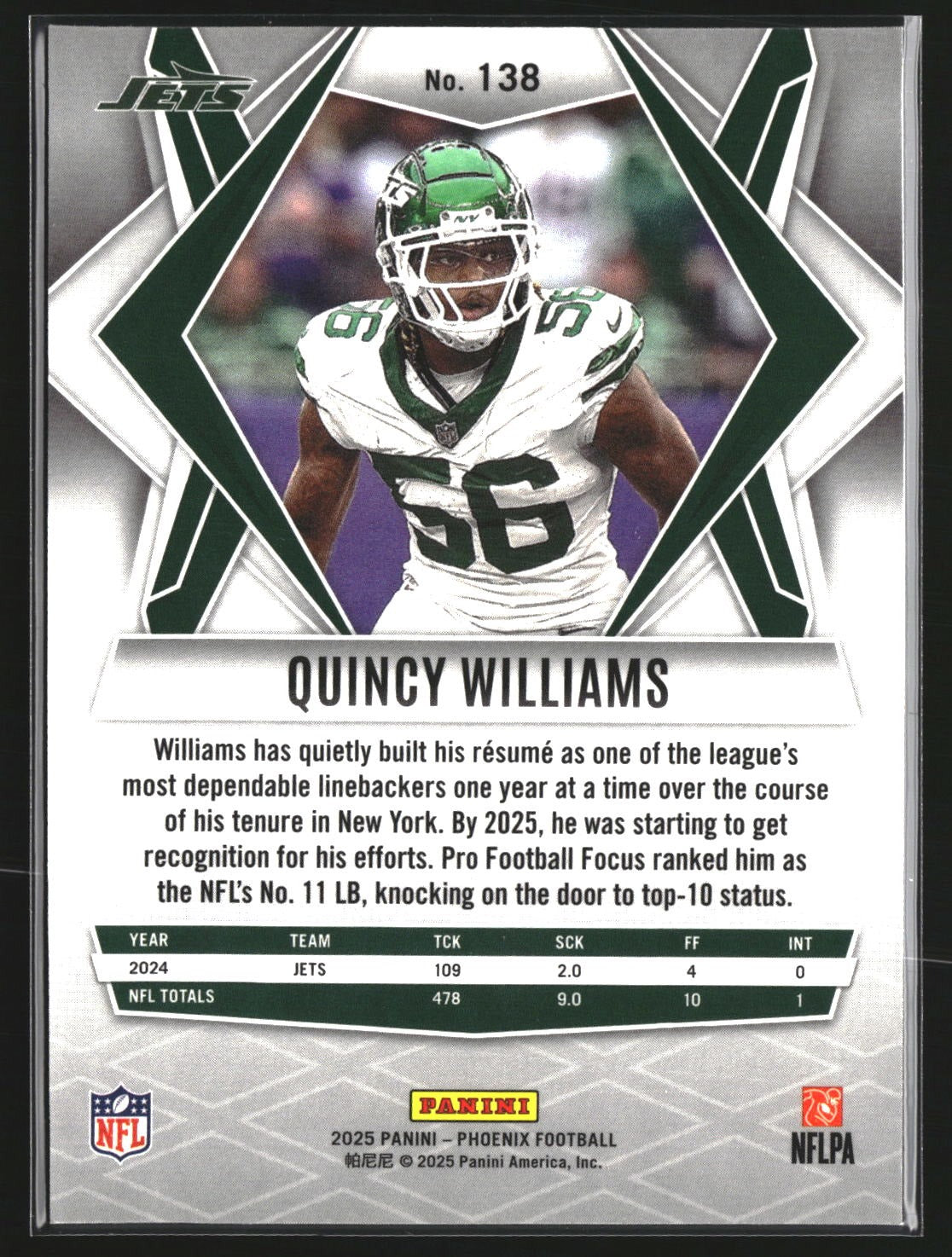 Quincy Williams 2025 Panini Phoenix 138 Silver Prizm New York Jets