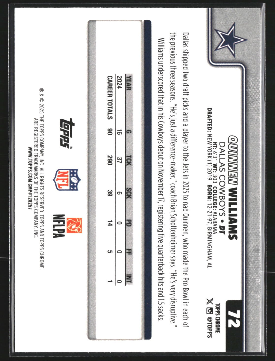 Quinnen Williams 2025 Topps Chrome 72 Pulsar Refractor Dallas Cowboys