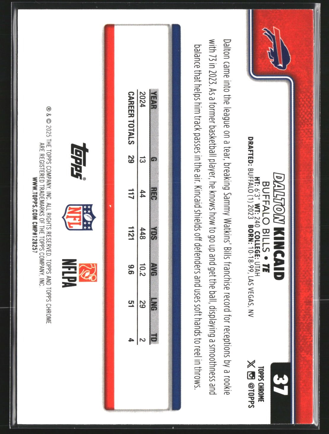 Dalton Kincaid 2025 Topps Chrome 37 Ray Wave Refractor Buffalo Bills