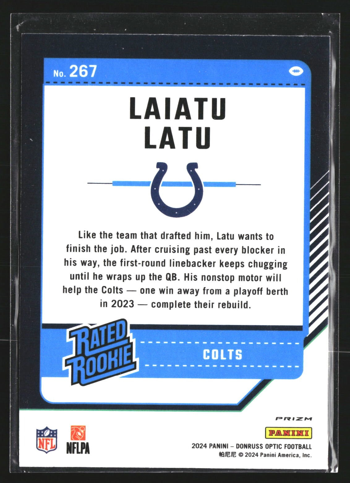 Laiatu Latu 2024 Donruss Optic 267 Blue Hyper Indianapolis Colts