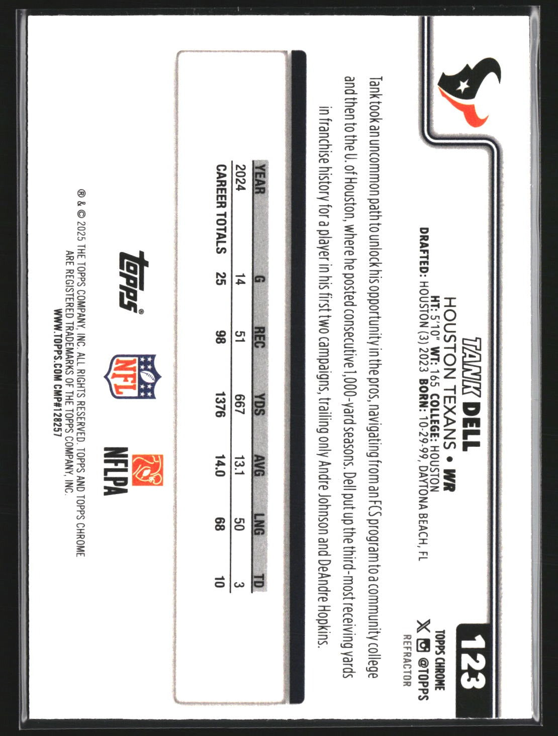 Tank Dell 2025 Topps Chrome 123 Refractor Houston Texans