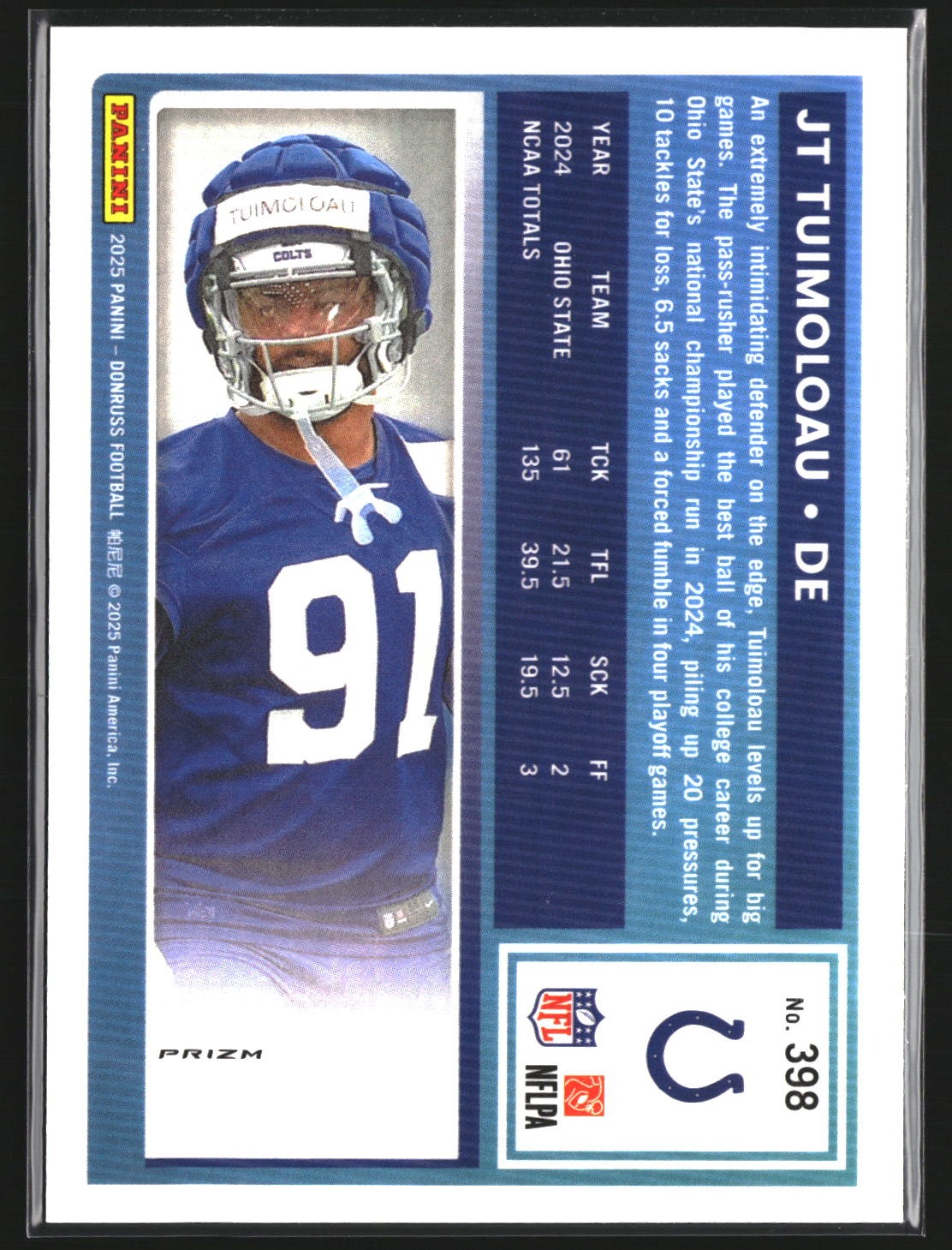 JT Tuimoloau 2025 Donruss 398 Optic Rated Rookies Preview Pink RC Colts
