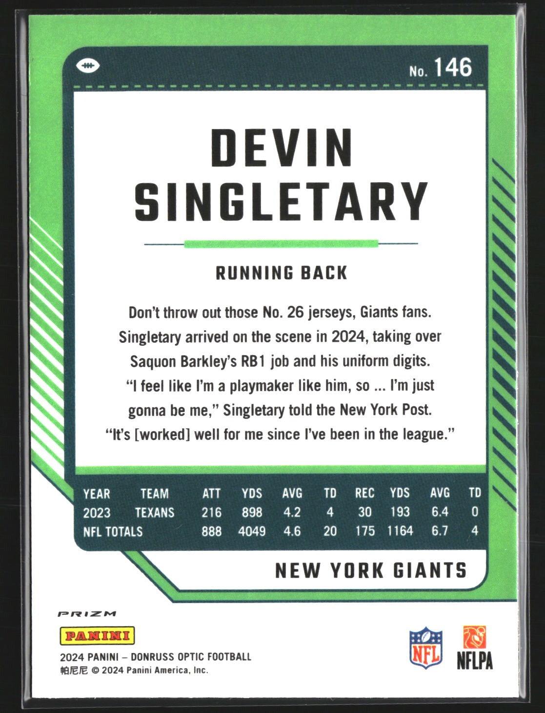 Devin Singletary 2024 Donruss Optic 146 Holo New York Giants