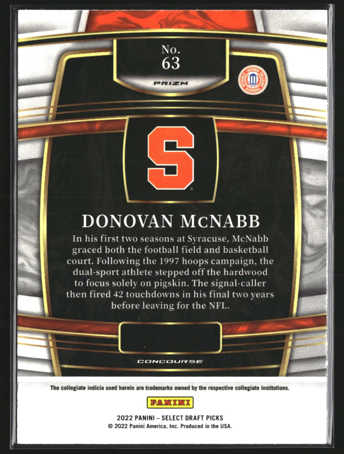 Donovan McNabb 2022 Panini Select Draft Picks 63 Silver Prizm Syracuse Orangemen