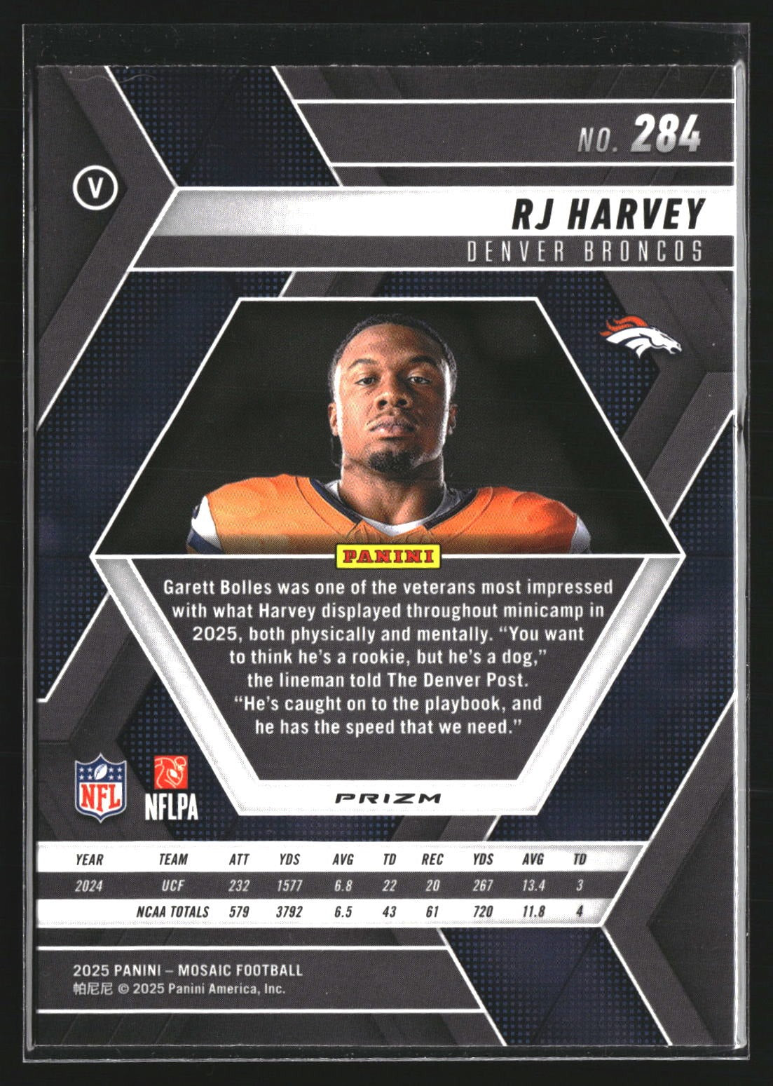 RJ Harvey 2025 Panini Mosaic 284 Silver RC RC Denver Broncos