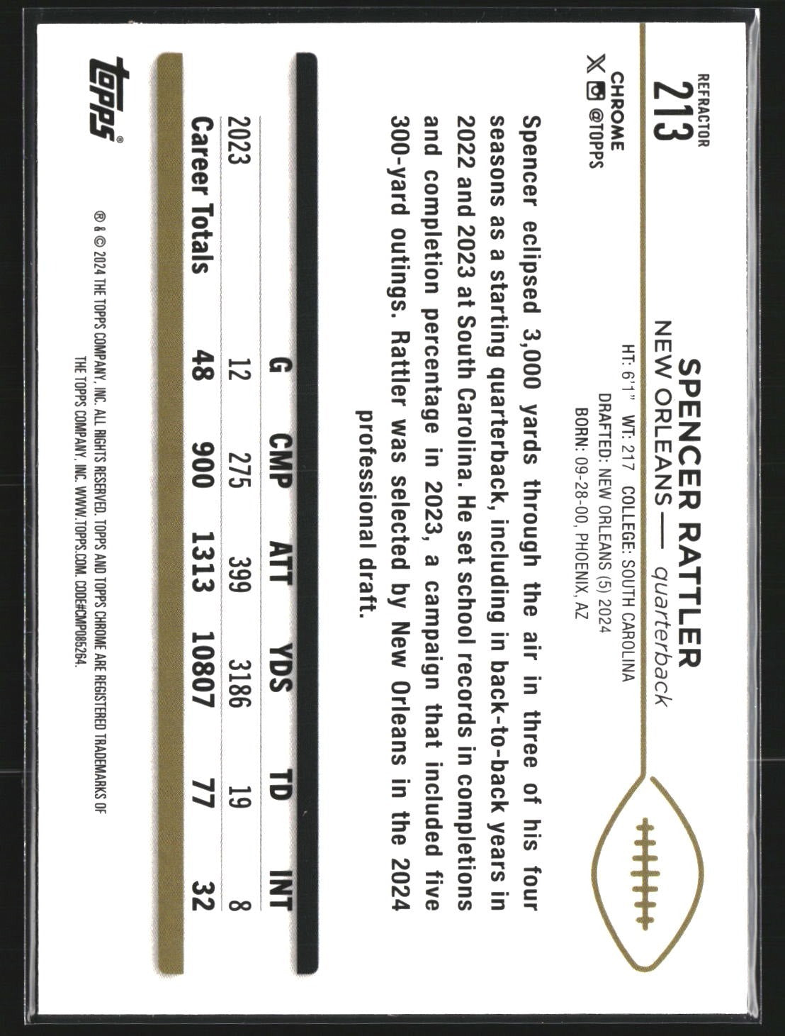 Spencer Rattler 2024 Topps Chrome 213 Refractor RC RC New Orleans Saints