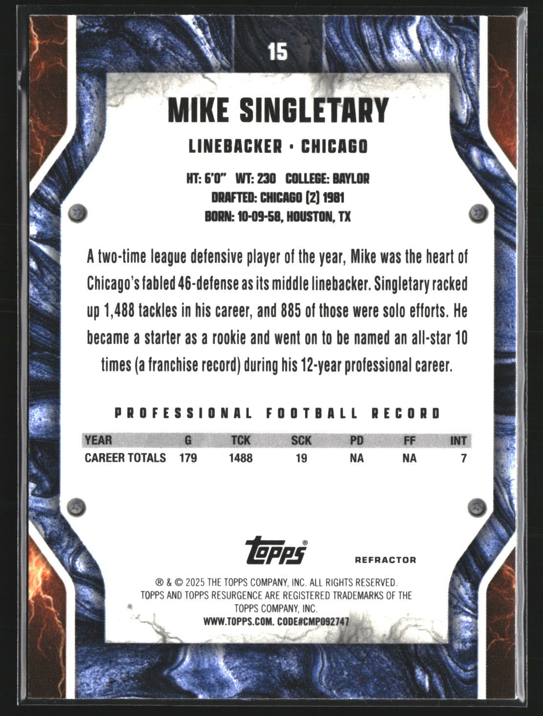 Mike Singletary 2024 Topps Resurgence 15 Prism HOF Chicago Bears