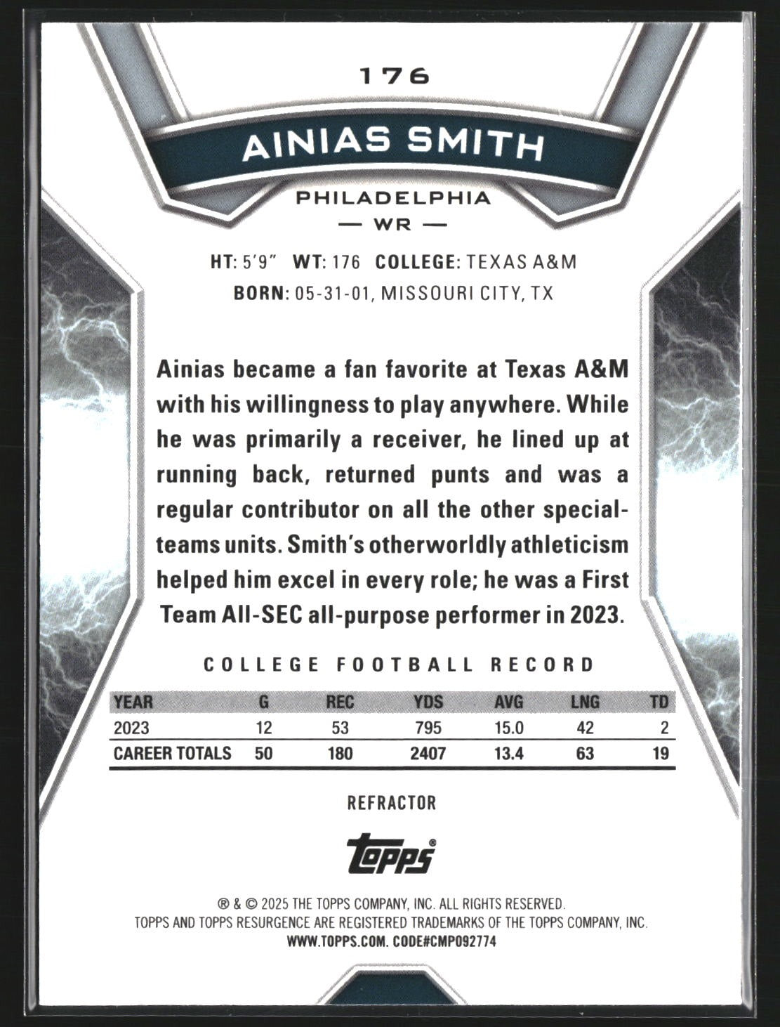 Ainias Smith 2024 Topps Resurgence 176 Prism RC RC Philadelphia Eagles