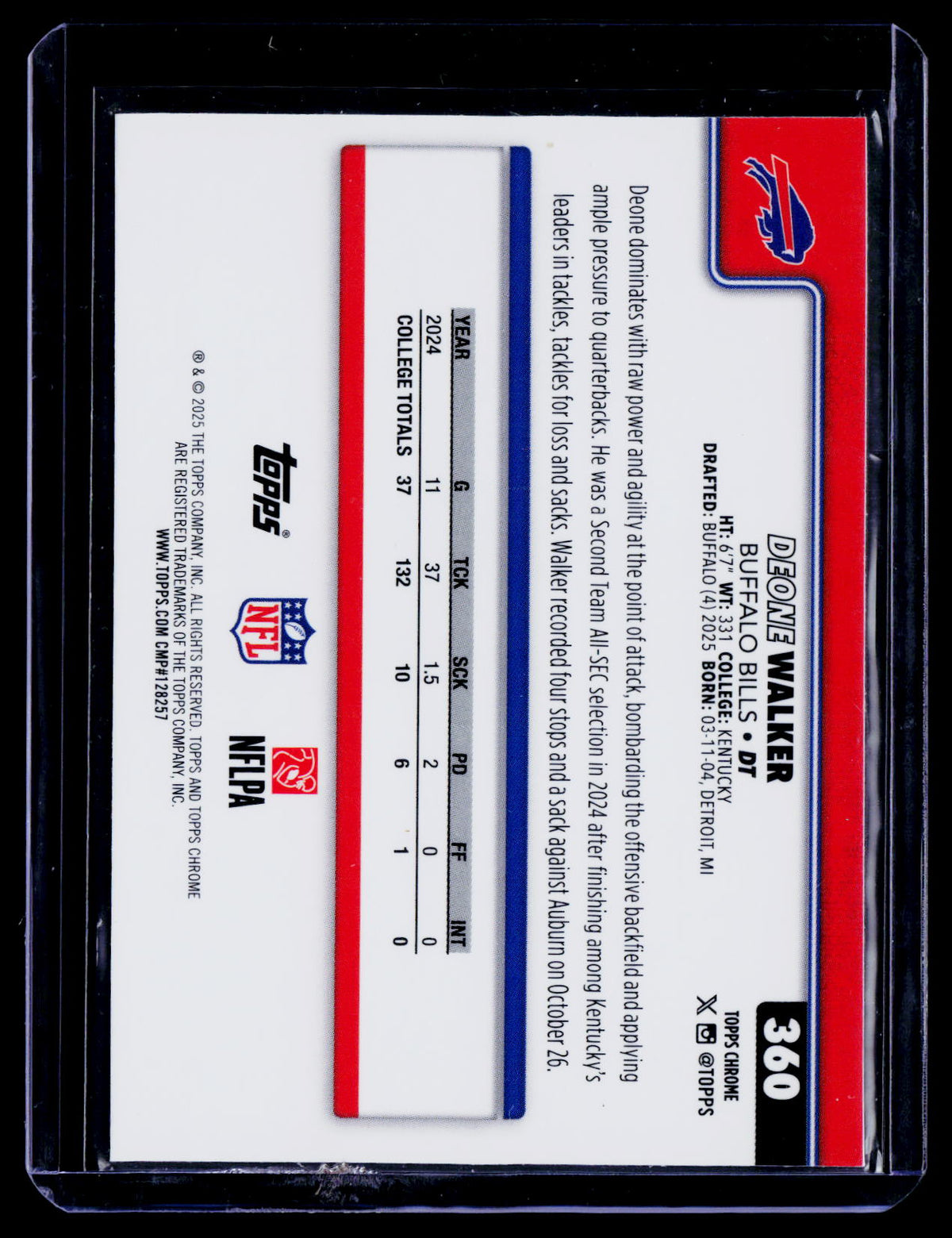Deone Walker 2025 Topps Chrome 360 Hot Pink X-Fractor RC RC Buffalo Bills