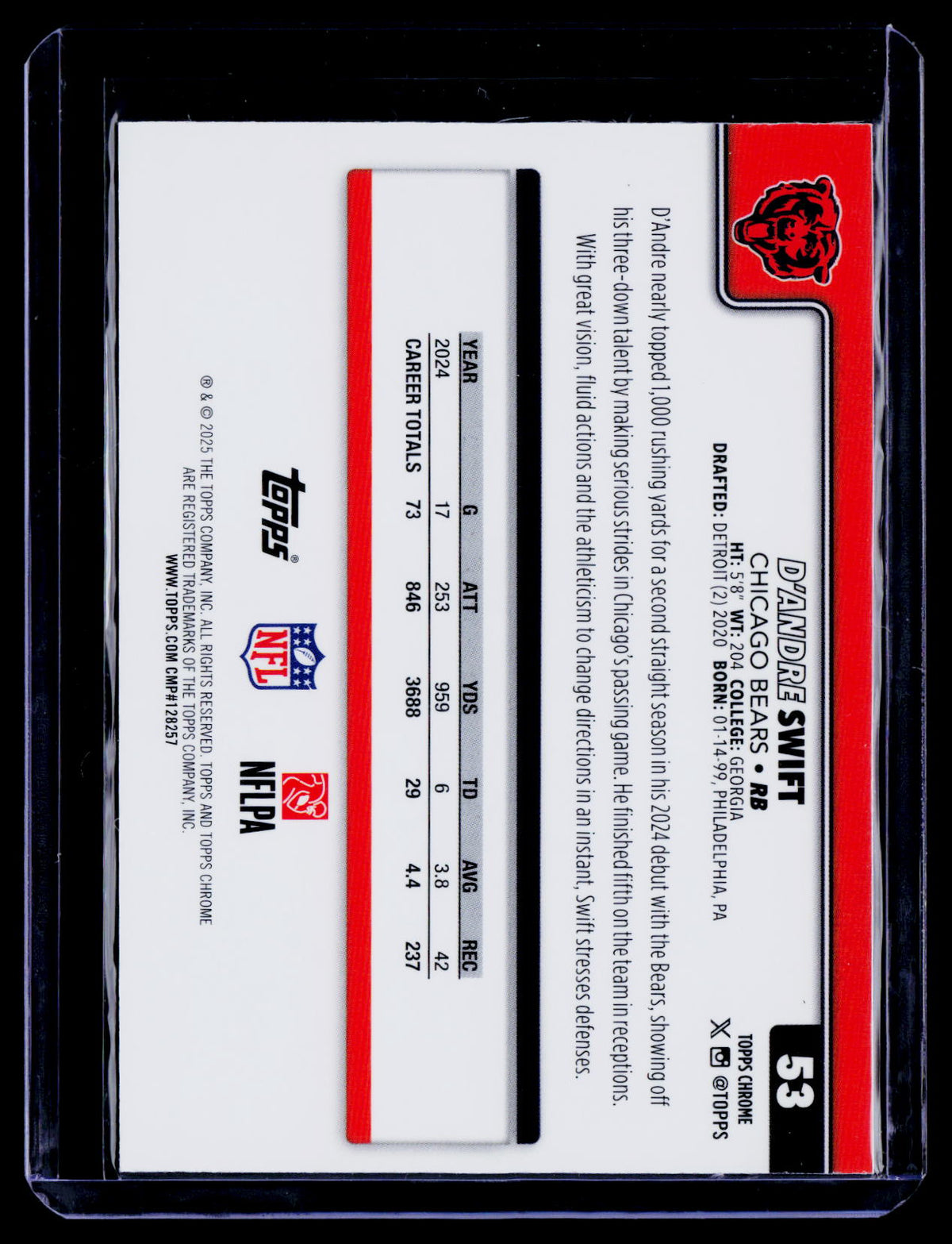 D'Andre Swift 2025 Topps Chrome 53 X-Fractor Chicago Bears