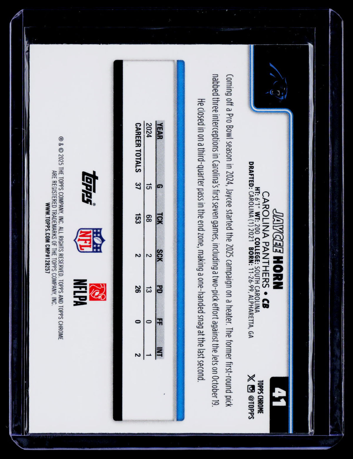 Jaycee Horn 2025 Topps Chrome 41 X-Fractor Carolina Panthers