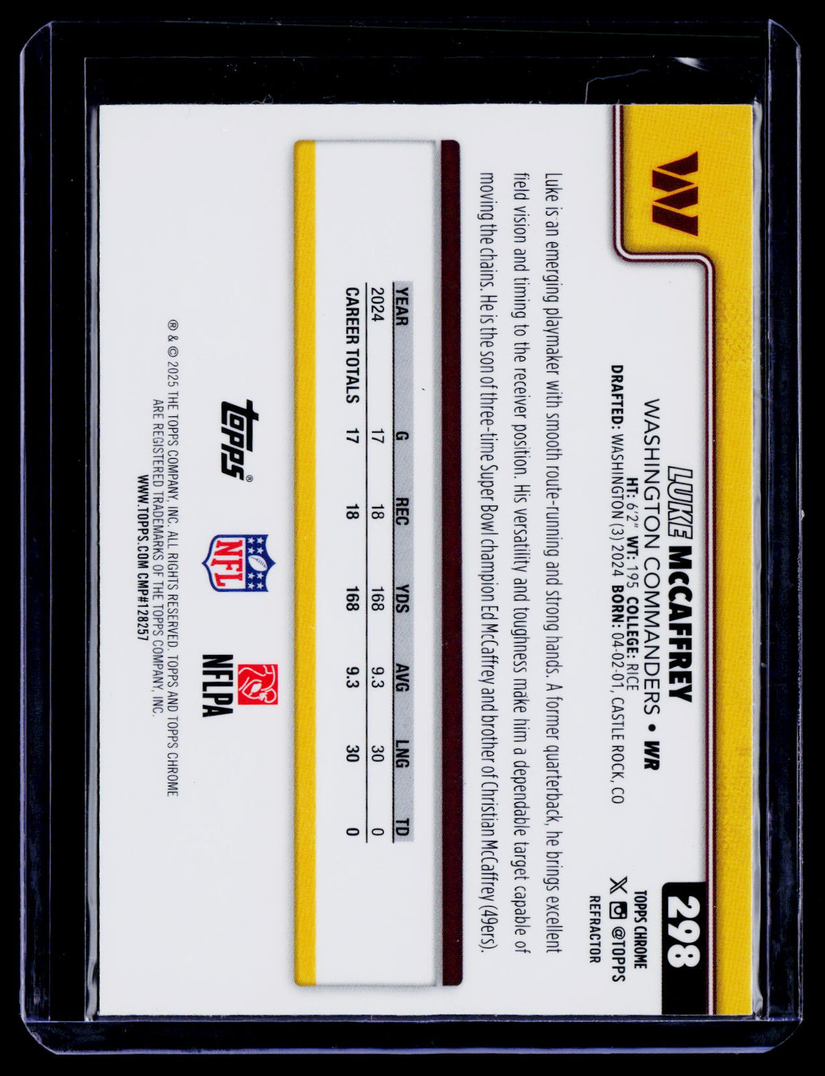 Luke McCaffrey 2025 Topps Chrome 298 Refractor Washington Commanders