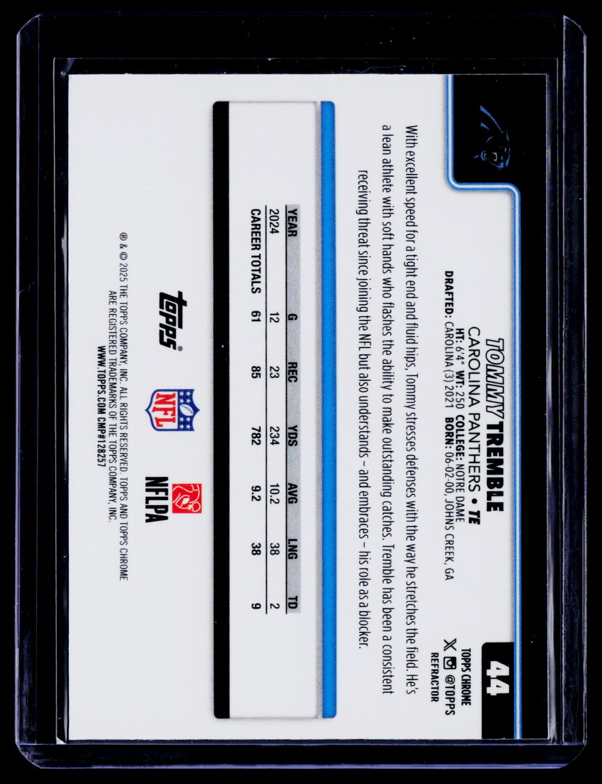 Tommy Tremble 2025 Topps Chrome 44 Refractor Carolina Panthers