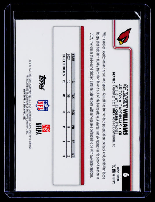 Garrett Williams 2025 Topps Chrome 6 Pulsar Refractor Arizona Cardinals