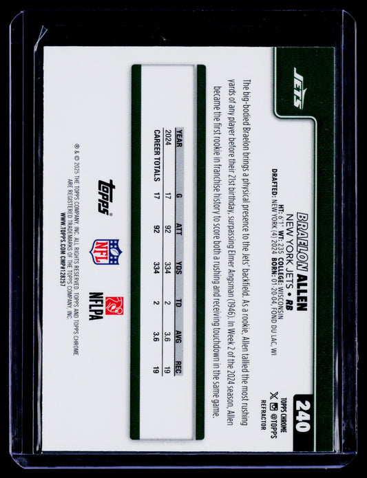 Braelon Allen 2025 Topps Chrome 240 Refractor New York Jets