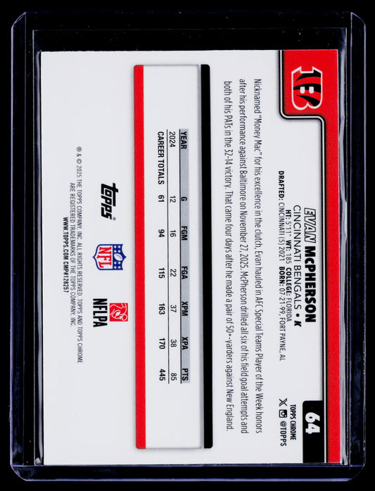 Evan McPherson 2025 Topps Chrome 64 Lime Green X-Fractor Cincinnati Bengals