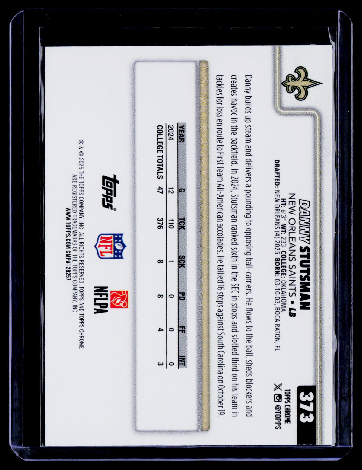 Danny Stutsman 2025 Topps Chrome 373 Pulsar Refractor RC RC New Orleans Saints