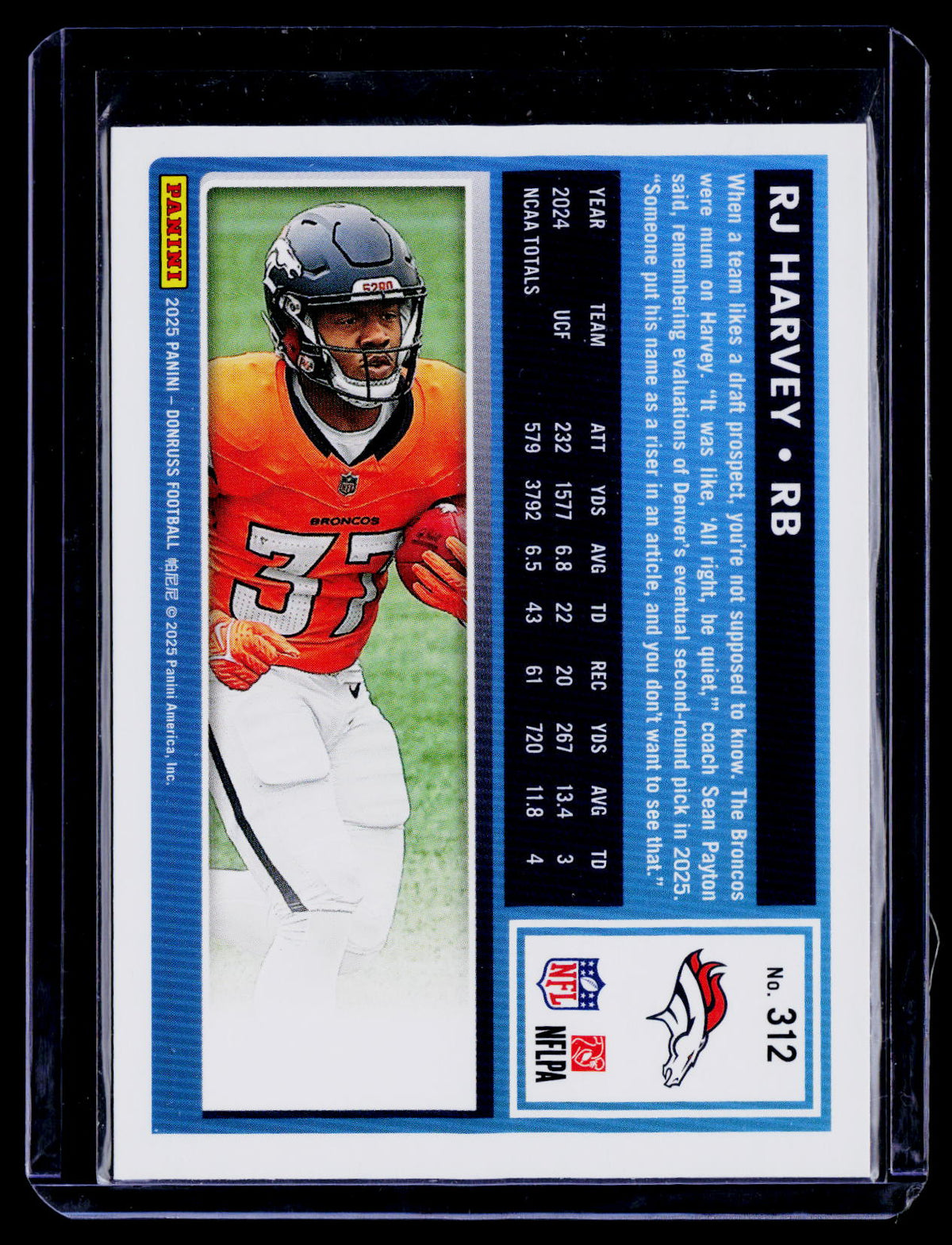 RJ Harvey 2025 Donruss 312 RC RC Denver Broncos