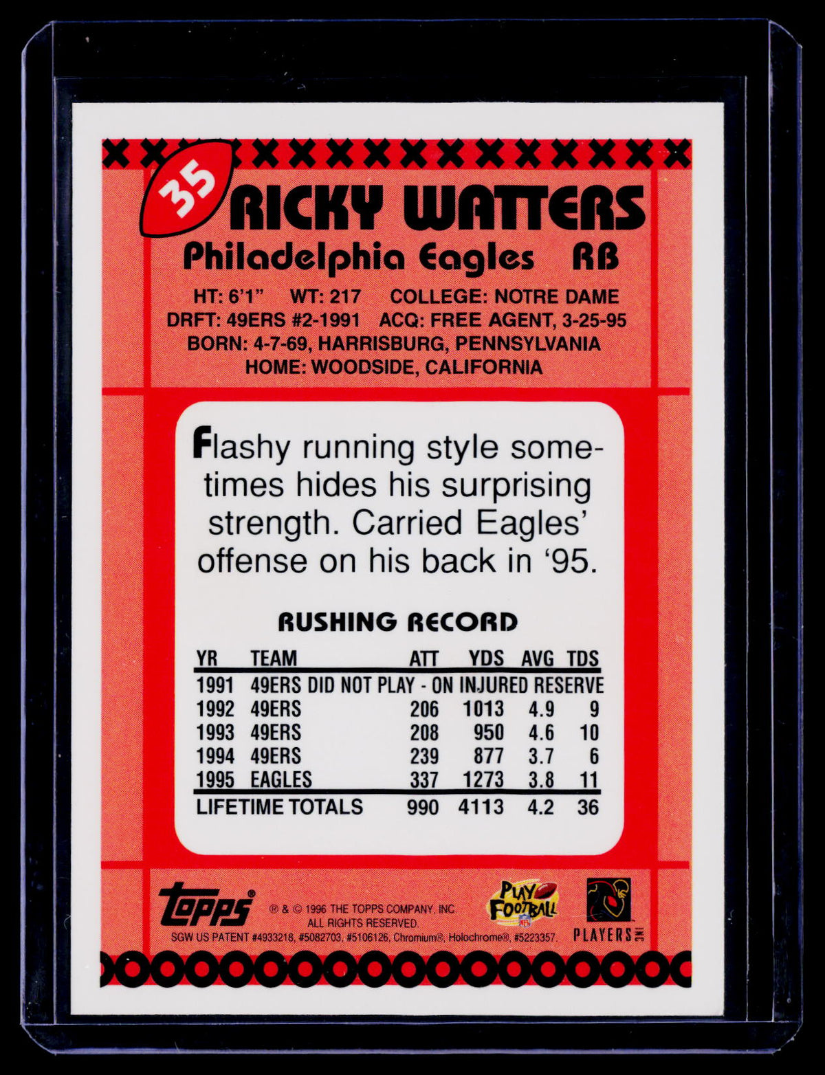Ricky Watters 1996 Topps Chrome 35 40th Anniversar Philadelphia Eagles