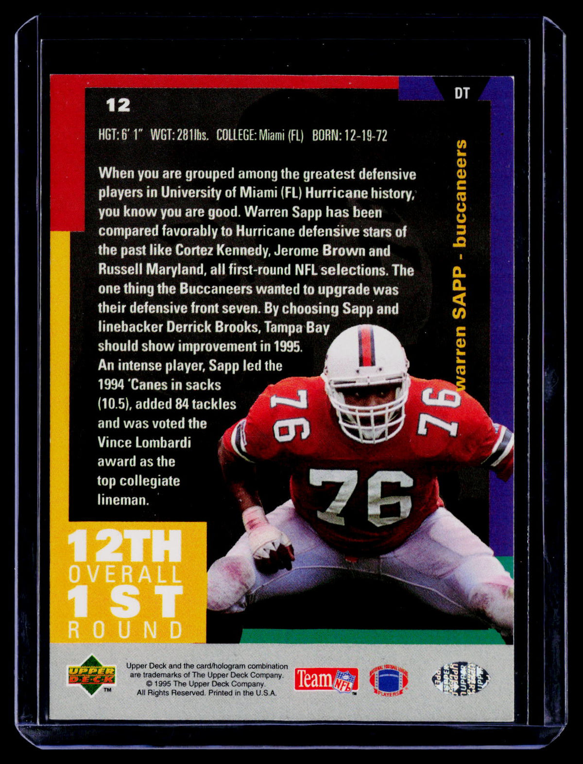 Warren Sapp 1995 Collector's Choice 12 RC RC Tampa Bay Buccaneers