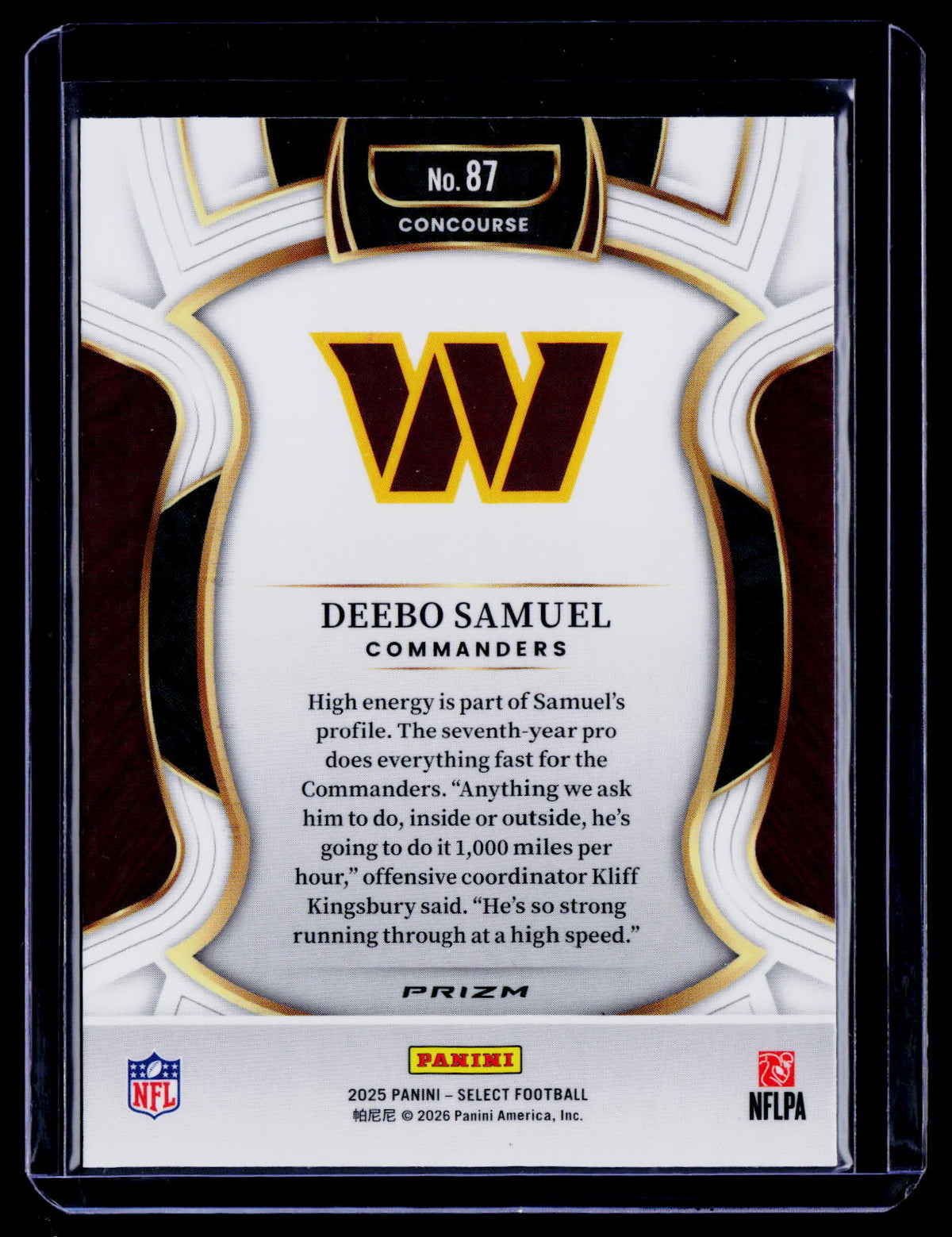 Deebo Samuel 2025 Panini Select 87 Red and Blue Prizm Shock Commanders