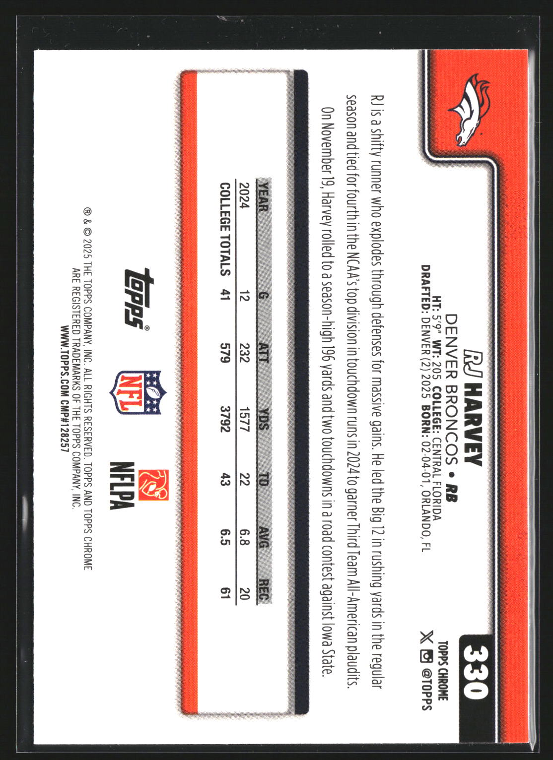 RJ Harvey 2025 Topps Chrome 330 Ray Wave Refractor RC RC Denver Broncos
