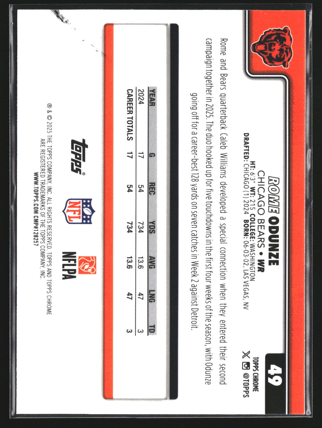 Rome Odunze 2025 Topps Chrome 49 Chicago Bears