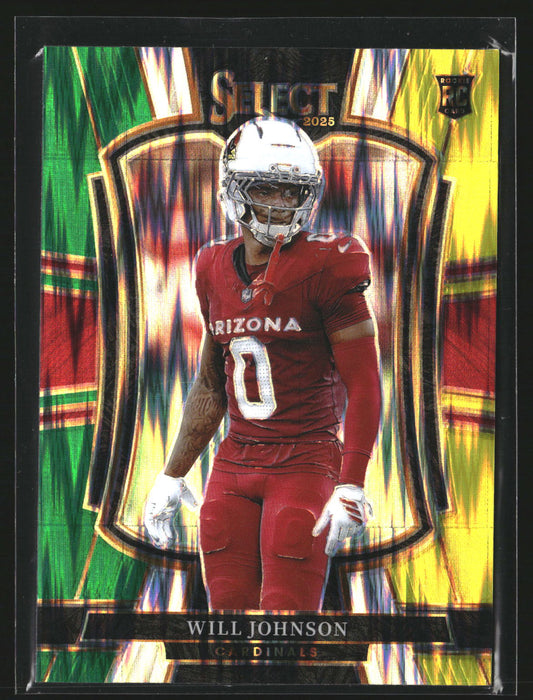 Will Johnson 2025 Panini Select 122 Green and Yellow Prizm Shock RC Cardinals