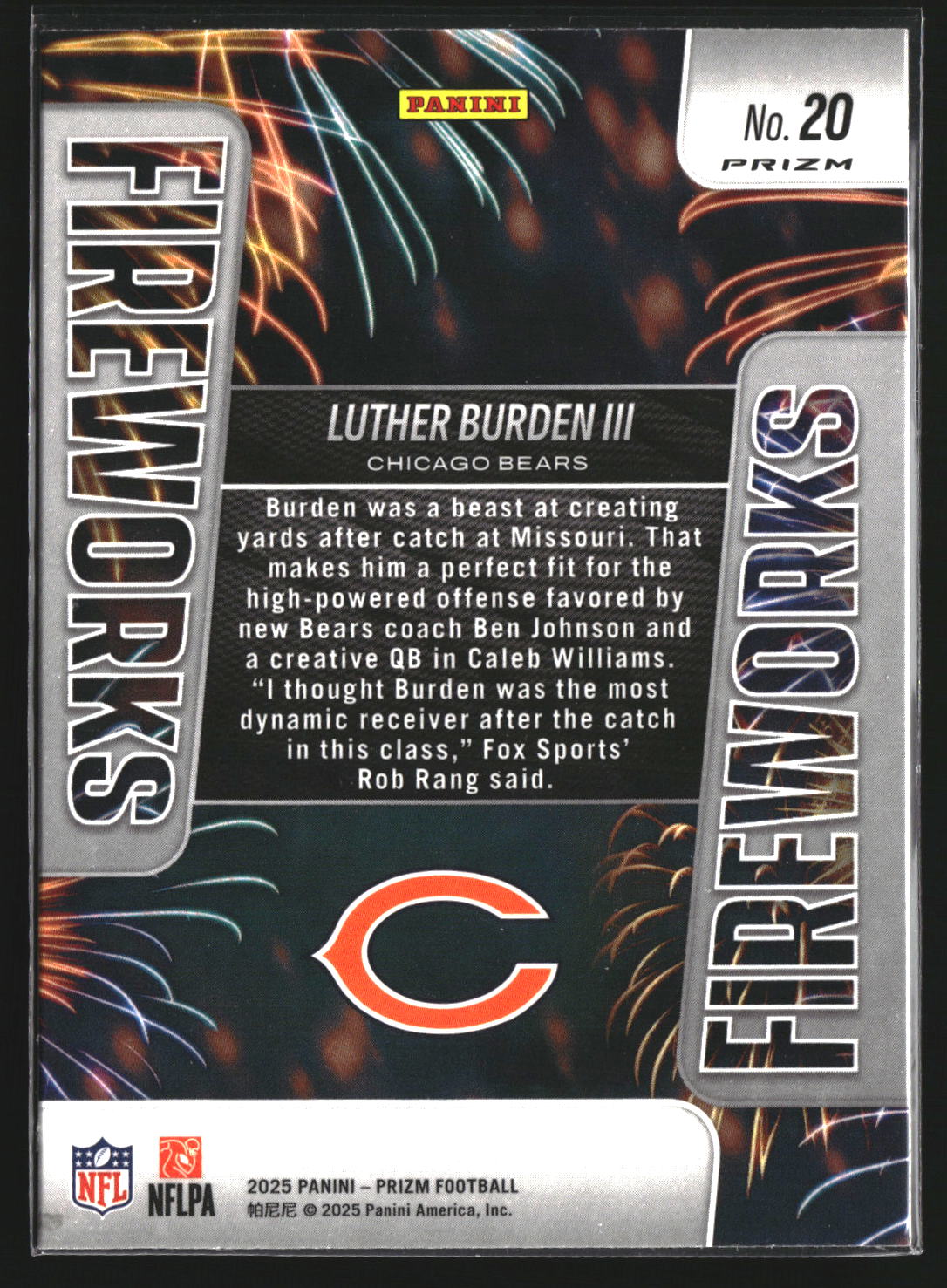 Luther Burden III 2025 Panini Prizm 20 Fireworks Chicago Bears