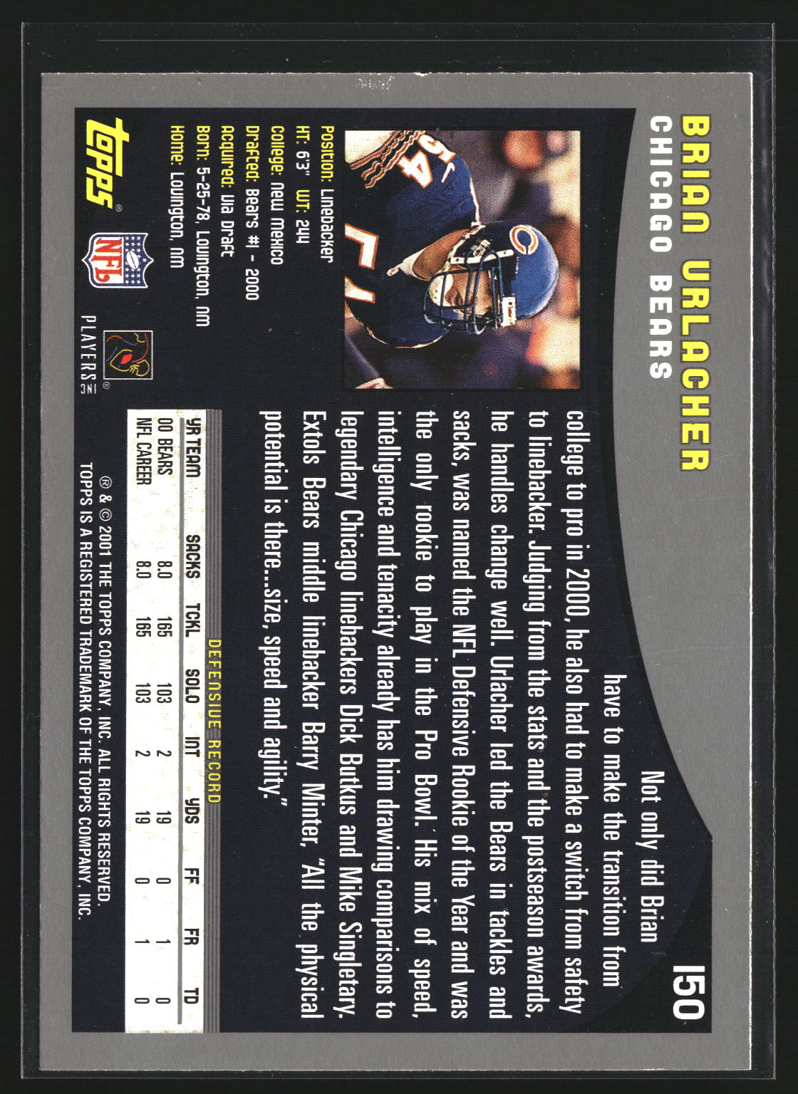 Brian Urlacher 2001 Topps 150 Topps Collection Chicago Bears